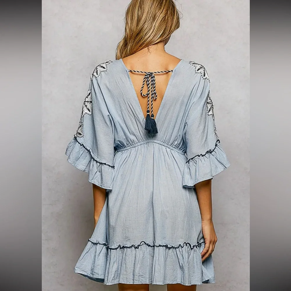 POL. V-neck Embroidered Dress with Tassels - Picture 2 of 7